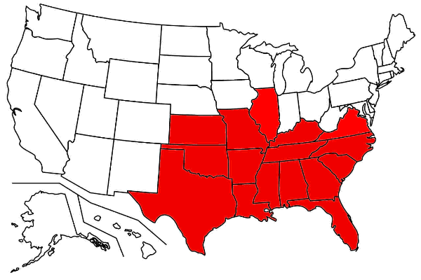 This map shows states with confirmed Cytauxzoon felis infections in domestic cats.
